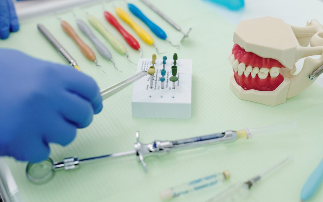 A table with tools and instruments for dental work.
